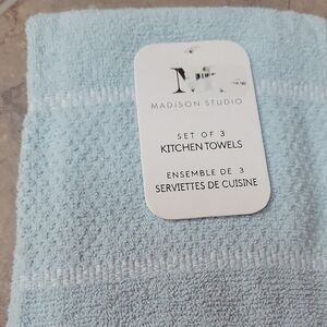Set of 3 Madison Studio Kitchen Towels Light Blue White Cotton Waffle 18"x28"